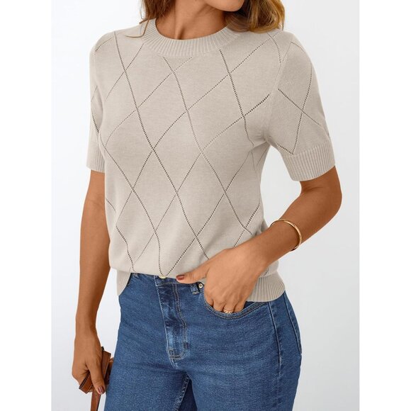 Womens Knit Sweater Lightweight Short Sleeve Hollow Out Wool Blend Top - Picture 3 of 5